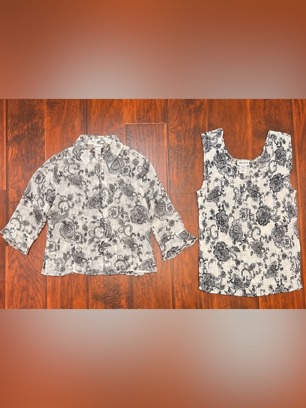 NICOLA 2 Piece Black & White Paisley Blouse & Tank Top Set XL